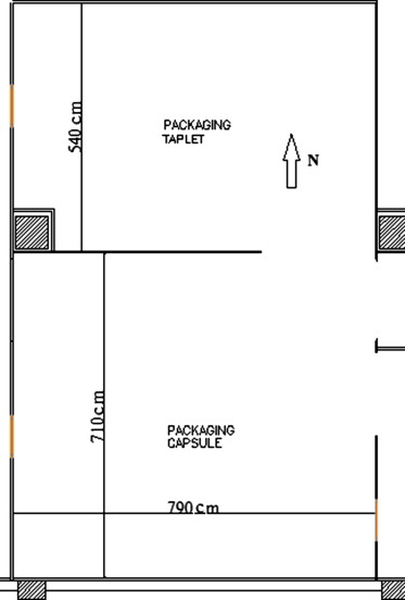 Schematic view of a packing area in a pharmaceutical factory.