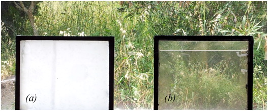 Visual appearance of the PCM glazing: with PCM in solid state (a), and with PCM ...