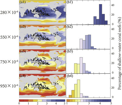 Model-simulated ocean surface aragonite saturation state with shallow-water ...