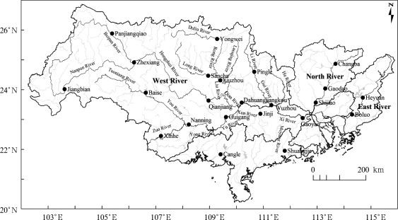 Geographic distribution of the 23 gauging stations in the Pearl River Basin