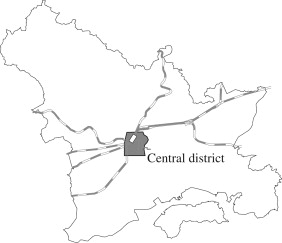 Map of Okayama city (gray area is the investigation area).