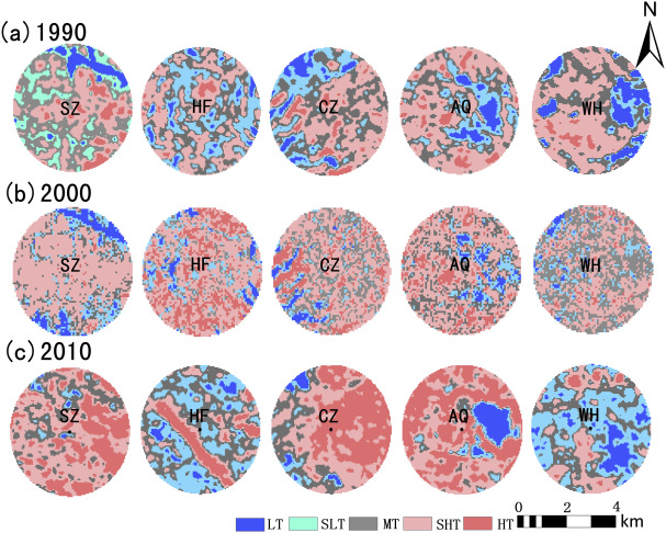 Same as Fig. 2 but for thermal environment based on normalized LST. LT, SLT, MT, ...