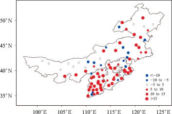 Differences of annual drought days between 1980–2010 and 1961–1979 (unit: d)