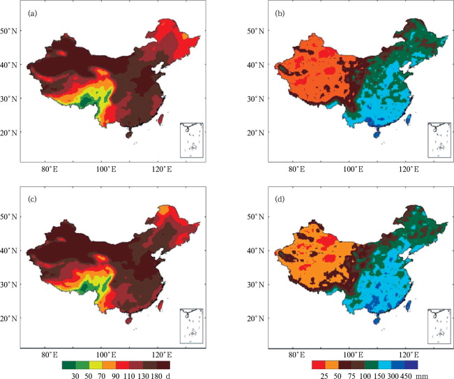 The longest non-precipitation period during flood season (a, c) and the maximum ...