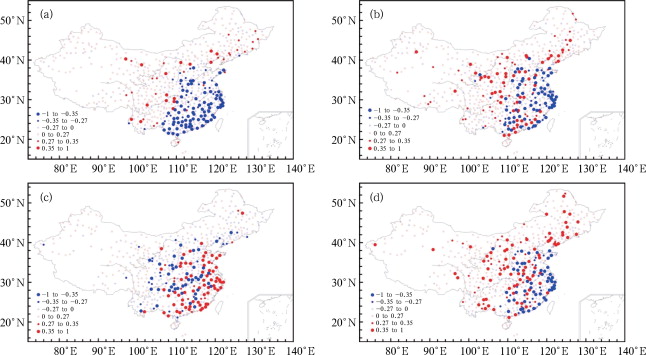 Spatial distribution of correlation coefficients between haze days and ...