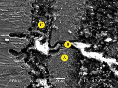 SEM image of peripheral area of weld pool showing microchannel formation; the ...