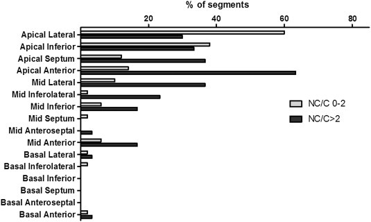 Distribution of non-compaction according to the 16 segment left-ventricular ...