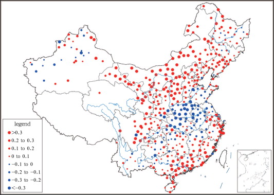 The linear trends of heat wave intensity from 1961 to 2010 (unit: °C d per ...