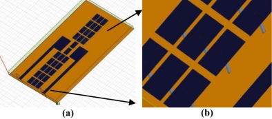 (a) MSPA array with mushroom type EBG structure in between them. (b) Close view ...