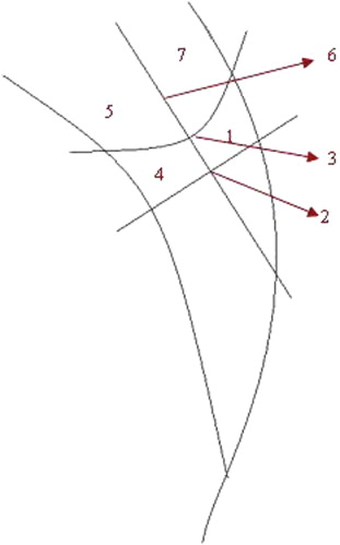 The seven areas demarcated by the five landmarks shown in Figure 2.