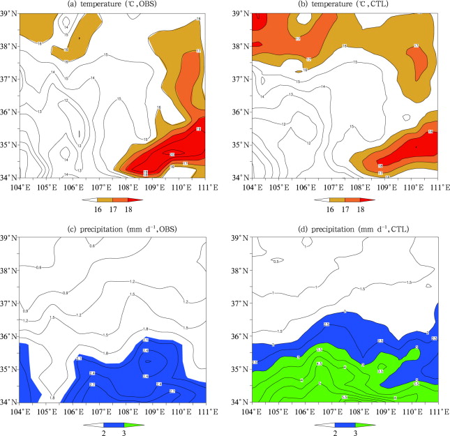 Observed (left) and CTL simulated (right) mean surface air temperature (a, b) ...