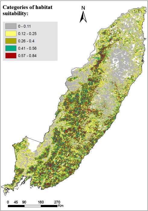 Predictive map of suitable habitats within the Amur tiger range based on model ...