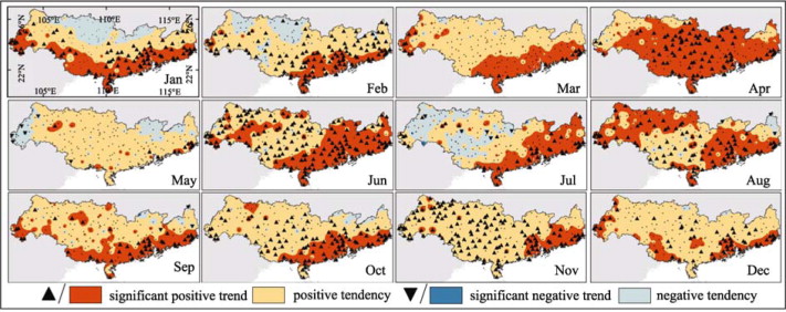 Monthly trends (Mann-Kendall statistics) of maximum mean temperature (shadings) ...