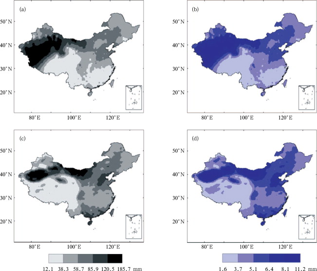 Kurtosis (a, c) and skewness (b, d) of observed (a, b) and CCLM simulated (c, d) ...
