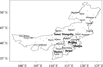 Distribution of the 94 meteorological stations over North China used in this ...