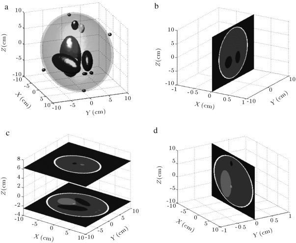 (a) A 3D version of the Shepp–Logan phantom with markers. (b) Axial slices at ...