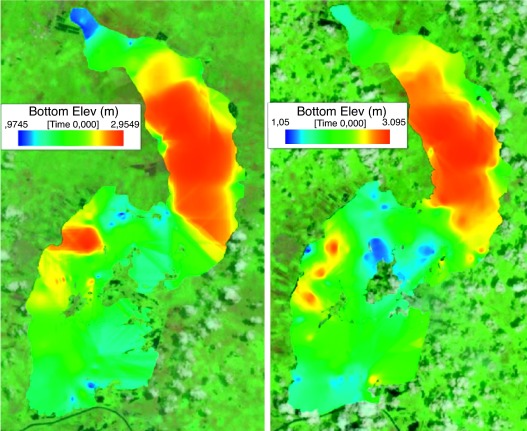 Batimetría del embalse El Guájaro para las 2 épocas: secas (izquierda) y lluvias ...