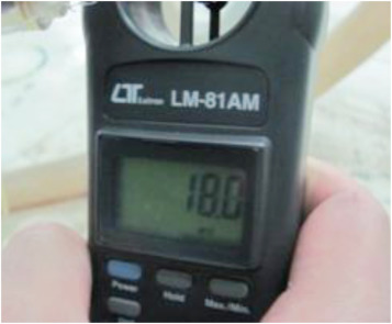 The anemometer showing injection air speed in each experiment.