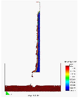 Polymer melt experiment. Evolution of the melt flow into the catch pan at t = 400s, 550s, 700s and 1000s