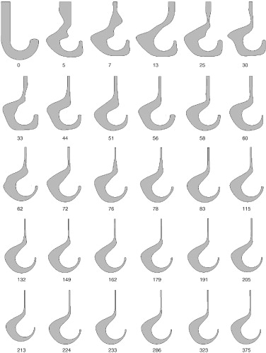 Optimización de un gancho. Evolución del mejor individuo durante el proceso de ...