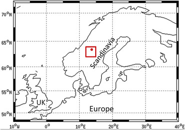A map showing the selected grid cell (the red dot) of CRU TS 3.22 dataset 2.5° ...