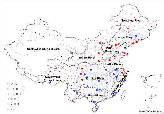 Linear trends in maximum daily precipitation (1956–2008) for each station in ...