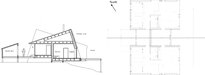 Cross section and floor plan of the low-energy house. The house is built as a ...