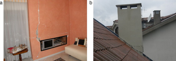 Daño en elementos no estructurales: a) daño fuerte en muros divisorios; b) daño ...