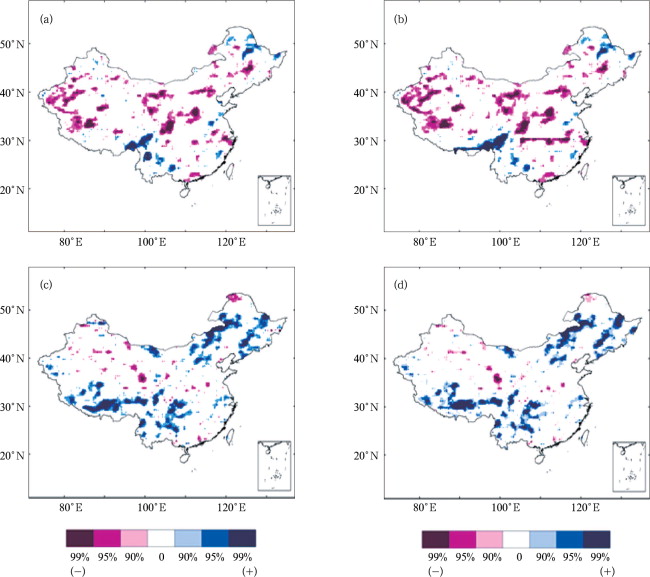Trends of the kurtosis (a, c) and skewness (b, d) of daily precipitation for ...