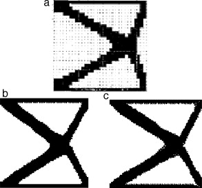 Topologias ótimas. (a) Liang et al. [18]; b) SESO – presente formulação c) ESO – ...