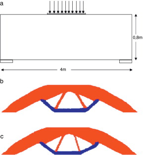 a) Viga parede baixa – domínio de projeto; b) Topologia ótima não considerando o ...