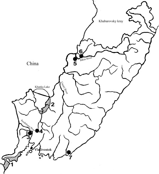 Distribution of the Chinese penduline tit in Primorye in 2014. 1 — Khasan ...