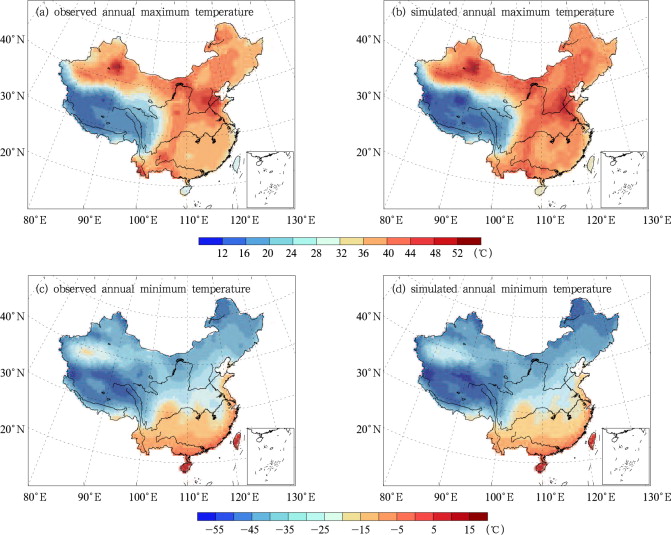 The observed and simulated spatial distribution of 20-year return values of ...