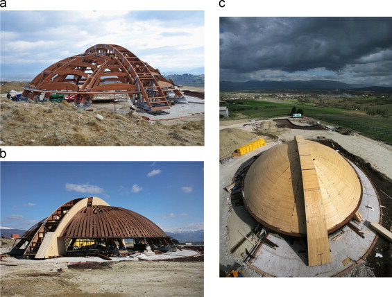 Steps in constructing the Carapace structure on which the wood ribs are visible.