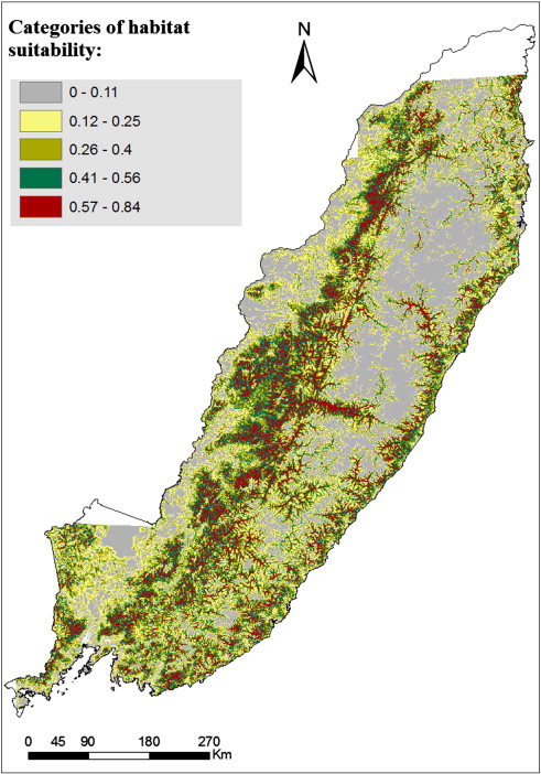 Predictive map of suitable habitats within the Amur tiger range based on model ...