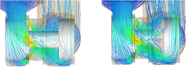 Velocity streamlines of the initial versus optimized design.