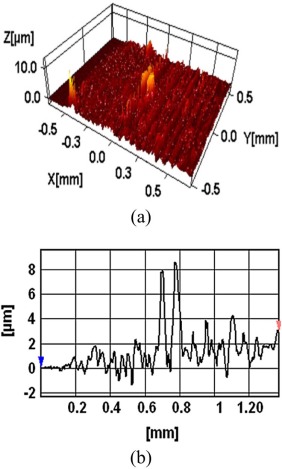 (a) 3D and (b) 2D optical profile of a typical coating after the friction test.