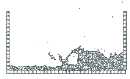 Breakage of a water column. (a) Discretization of the fluid domain and the solid walls. Boundary nodes are marked with circles. (b) and (c) Mesh in the fluid domain at two different times