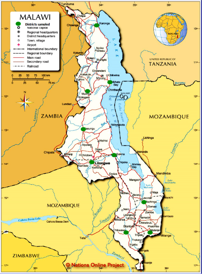 Map of Malawi showing districts sampled.