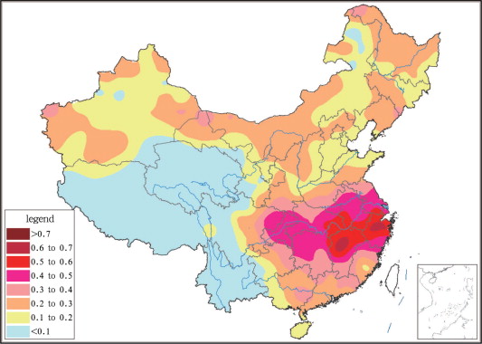 The distribution of annual heat wave frequency in China (1961–2010 means)