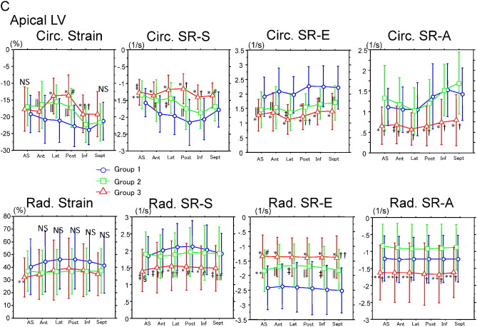 Circumferential and radial strain/strain rate on basal (A), mid (B), and apical ...