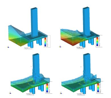 Impact of a wave on a prismatic column on a slab sustained by four   pillars.