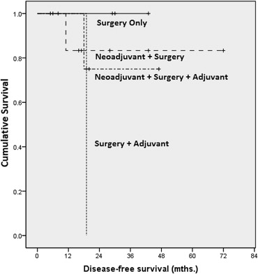 Kaplan–Meier analysis on disease-free survival by treatment (early stage).