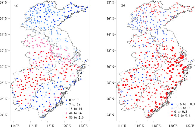 Spatial distribution of heat wave cumulative frequency (a) and the linear trends ...