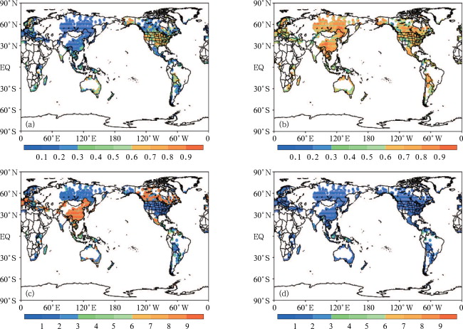 Spatial distributions of the correlation coefficients and RMSE (mm per day) ...