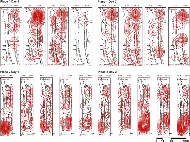 Sample results of peoples personal spaces in the studied places: the dots ...