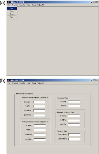 (a) Tela de entrada e (b) introdução de dados no programa MEDEA RC_MCFT.