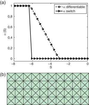 Tubo de choque: (a) funciones α(S) y (b) malla computacional.