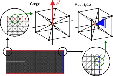 Esquema de aplicação de força e condições de contorno.