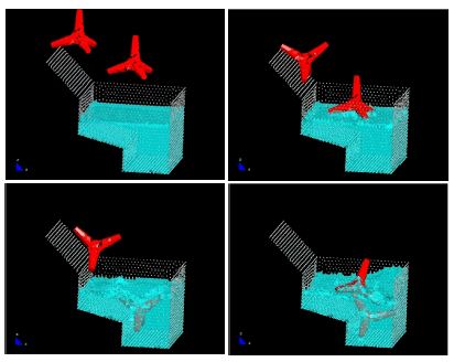 Motion of two tetrapods falling in a water container.